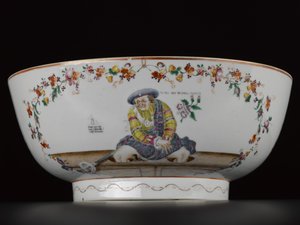 Satirical punch-bowl, depicting a copy of an anti-jacobite engraving, Sauneys Mistake by Chinese School